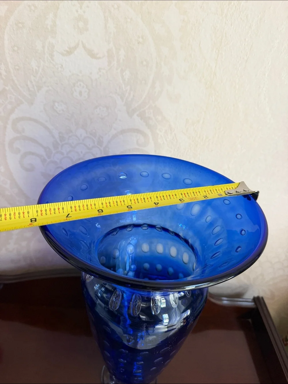 Large hand blown Cobalt Blue Art Glass Dot Pattern Vase